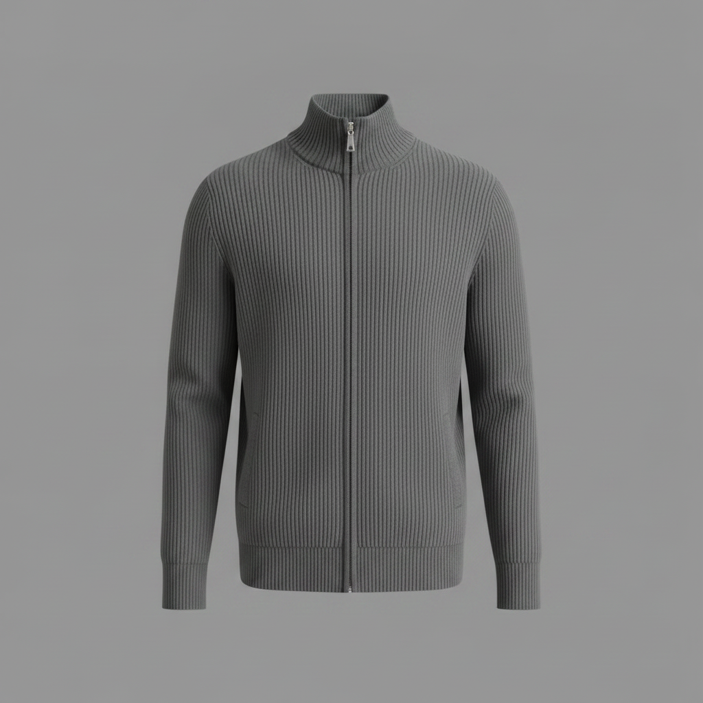 Men's Black Zip Cardigan | Slim Fit Ribbed Knit Sweater