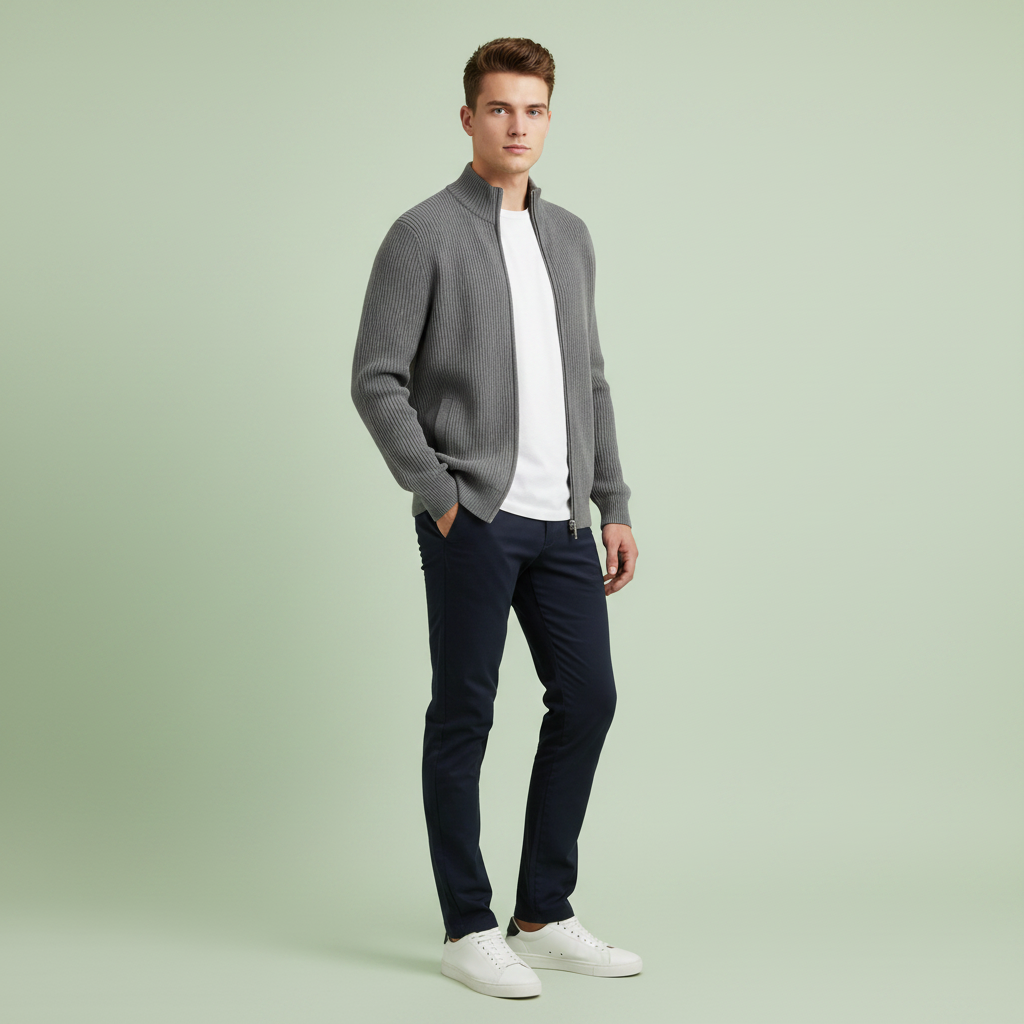 Men's Black Zip Cardigan | Slim Fit Ribbed Knit Sweater