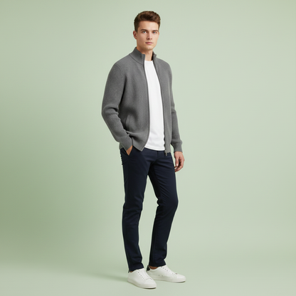 Men's Black Zip Cardigan | Slim Fit Ribbed Knit Sweater
