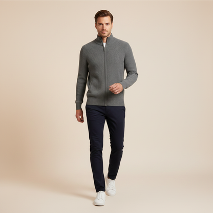 Men's Black Zip Cardigan | Slim Fit Ribbed Knit Sweater