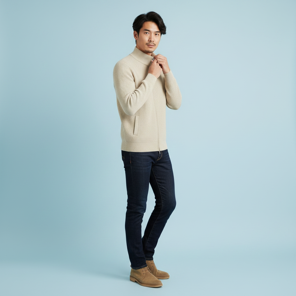 Men's Black Zip Cardigan | Slim Fit Ribbed Knit Sweater