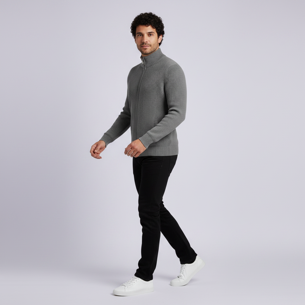 Men's Black Zip Cardigan | Slim Fit Ribbed Knit Sweater