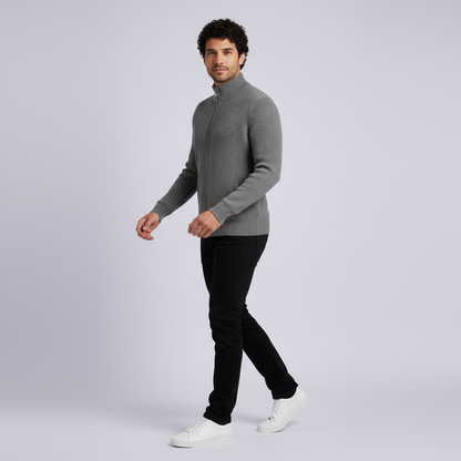 Men's Black Zip Cardigan | Slim Fit Ribbed Knit Sweater
