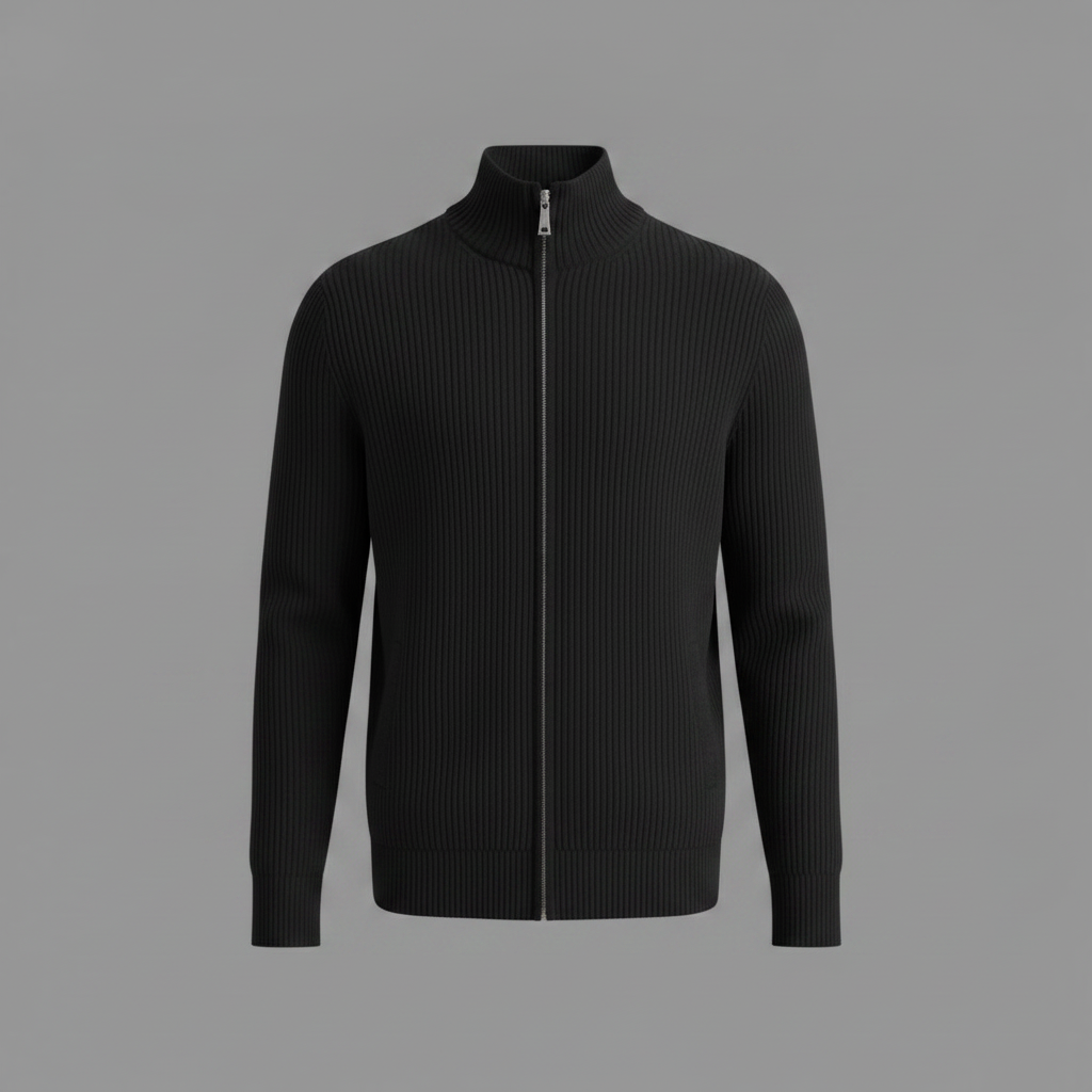 Men's Black Zip Cardigan | Slim Fit Ribbed Knit Sweater