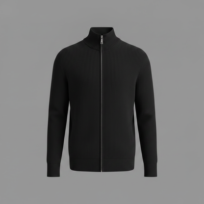 Men's Black Zip Cardigan | Slim Fit Ribbed Knit Sweater