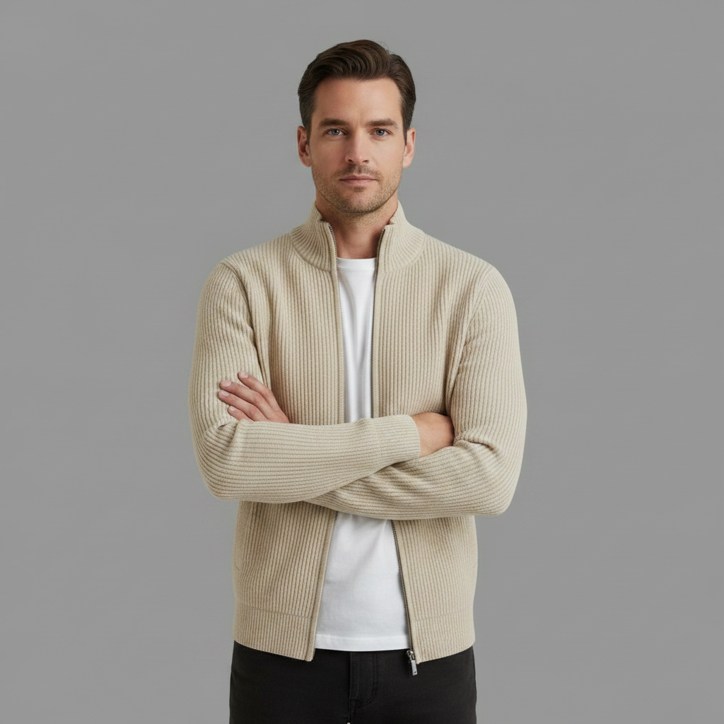 Men's Black Zip Cardigan | Slim Fit Ribbed Knit Sweater