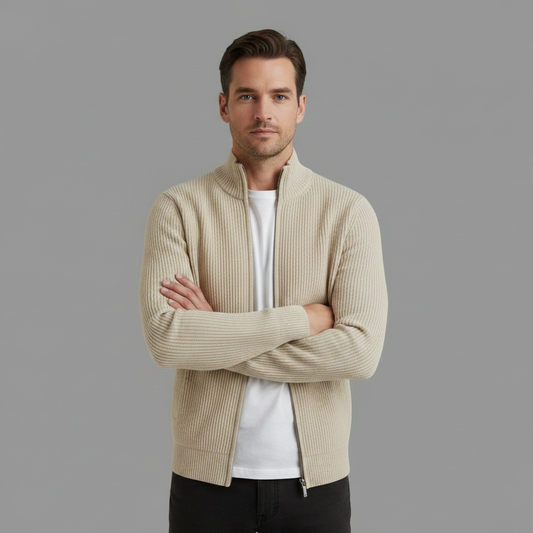 Men's Black Zip Cardigan | Slim Fit Ribbed Knit Sweater